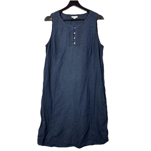 J. JILL Love Linen Midi Dress Sleeveless Shift Navy Blue Buttons Pockets Medium - Picture 1 of 10